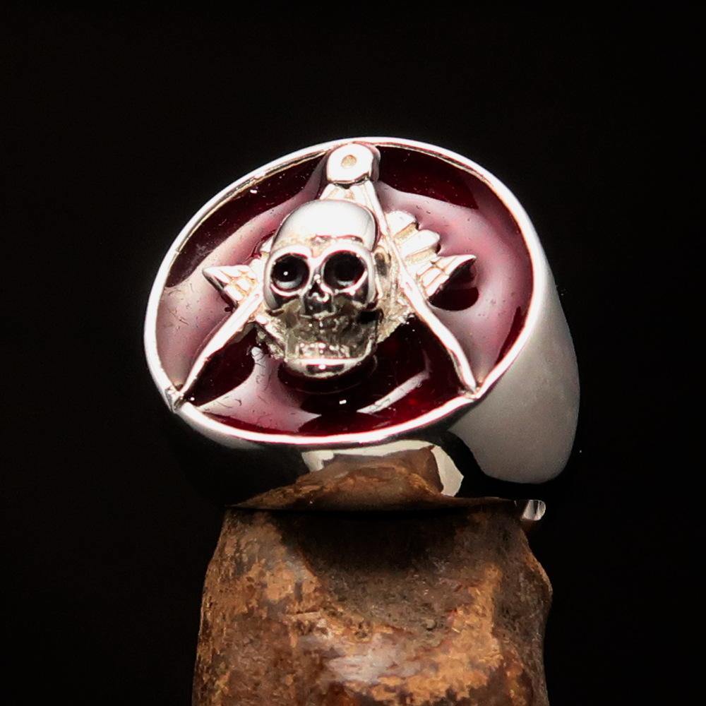 Master Mason Blue Lodge Ring - Red Sterling Silver With Skull Square Compass