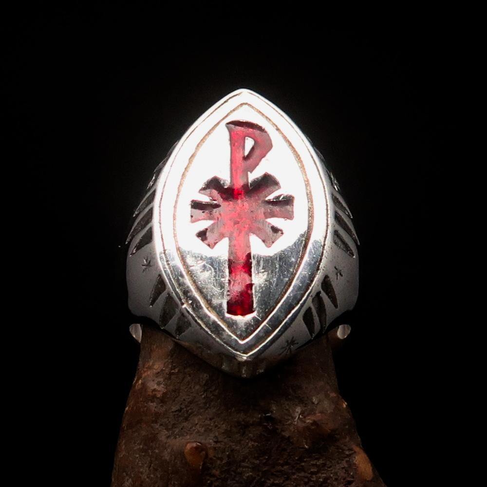 Red Cross Of Constantine Ring - Silver & Red Chi Rho Christogram Sterling Silver