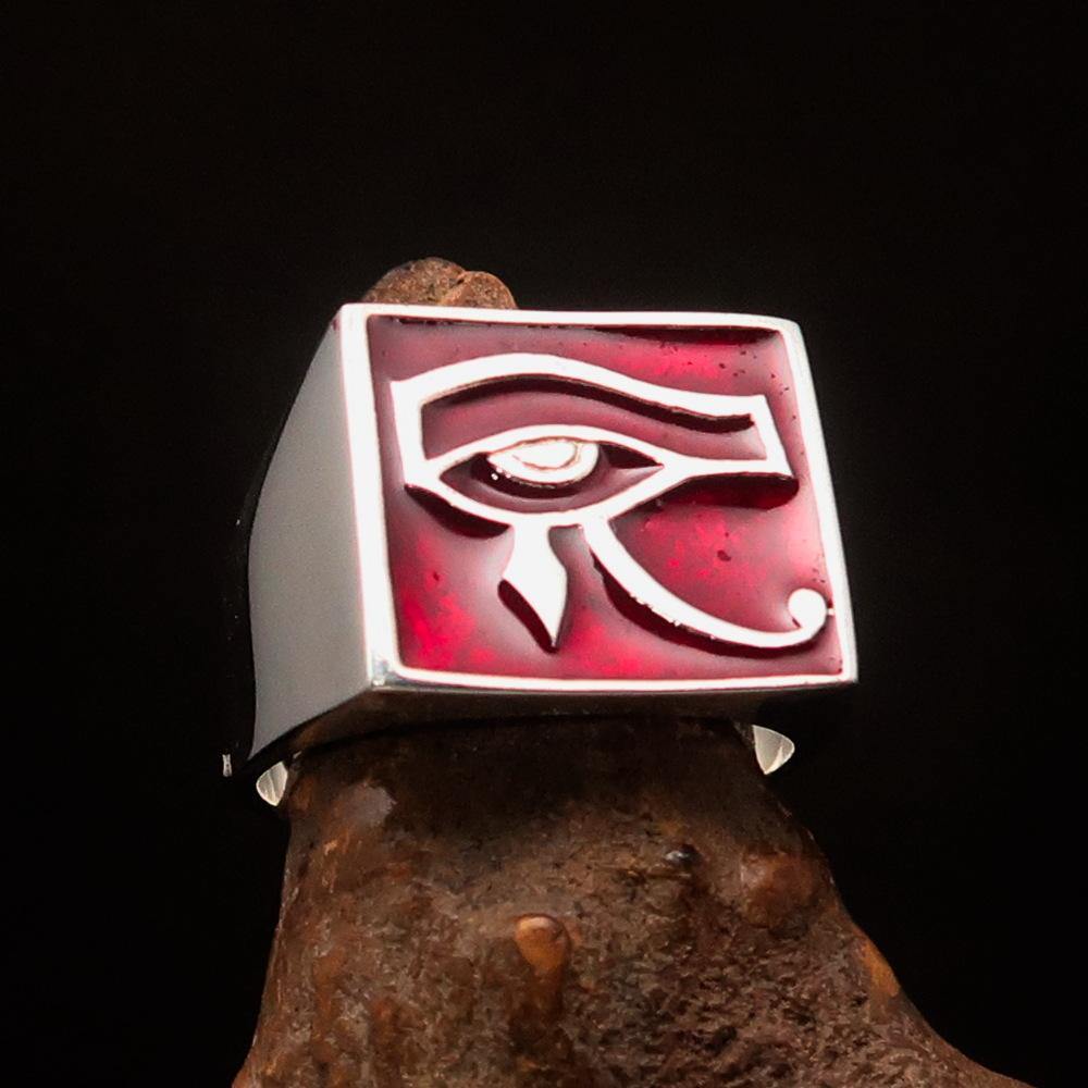 Ancient Egypt Keychain - Red Squared Eye of Horus Sterling Silver