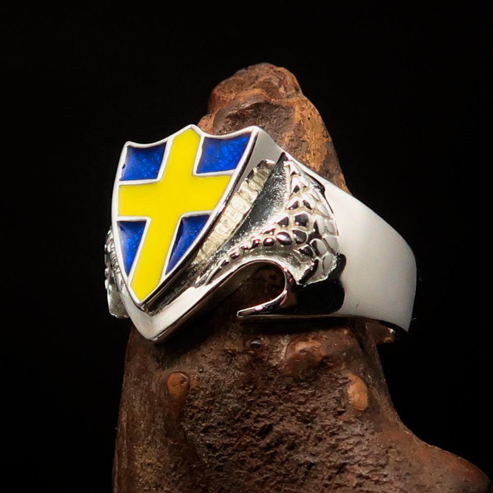 Knights Templar Commandery Ring - Flag of Sweden Yellow Cross on Blue Sterling Silver