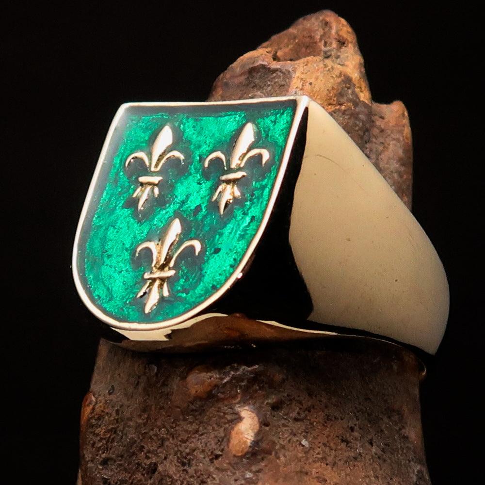 Knights Templar Commandery Ring - Green Knight Fleur De Lis Cross