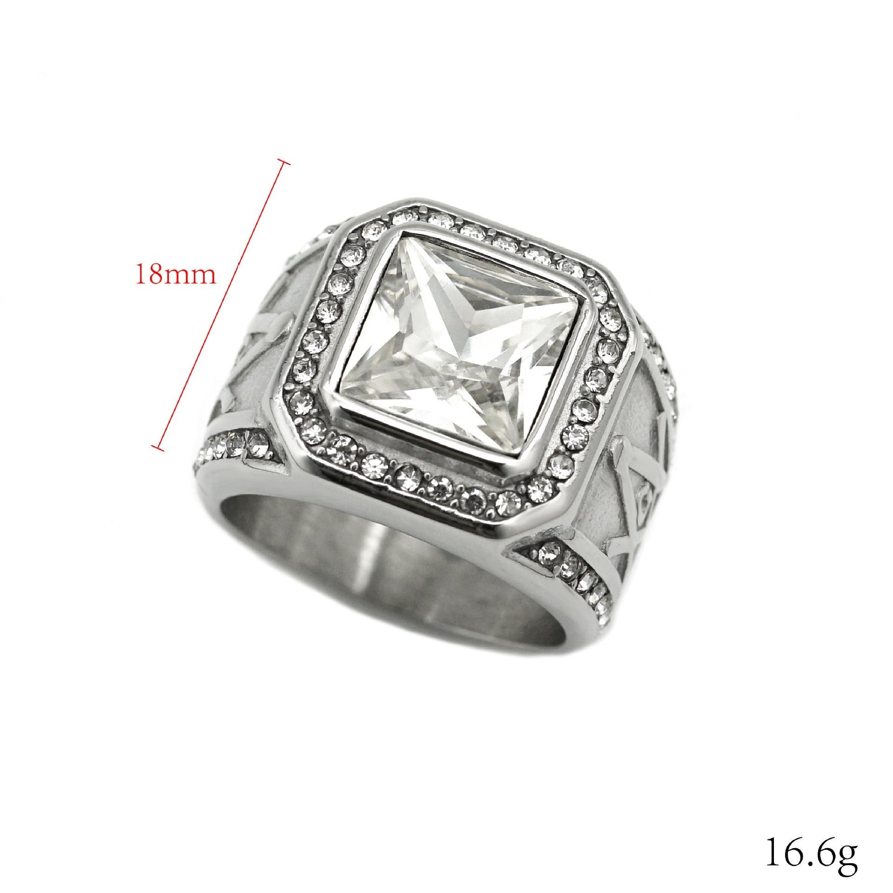 Master Mason Blue Lodge Ring - Silver Stainless Steel With White Gemstone - Bricks Masons