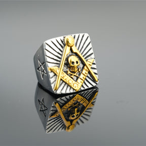 Widows Sons Ring - Silver And Gold Square & Compass With Skull Inside - Bricks Masons