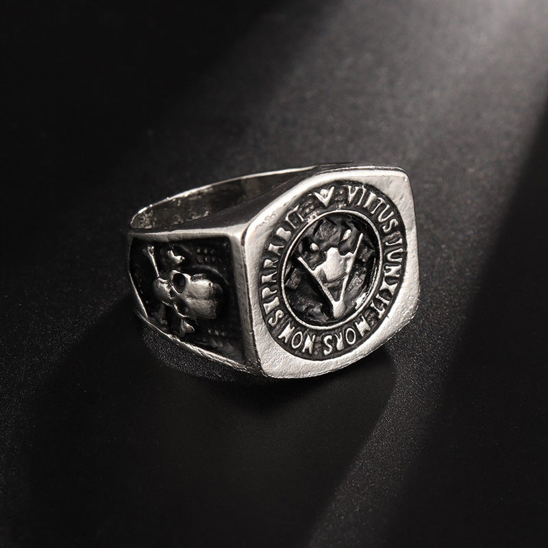 Master Mason Blue Lodge Ring - Silver Square & Compass Skull Virtus Junxit Mors Non Separabit - Bricks Masons