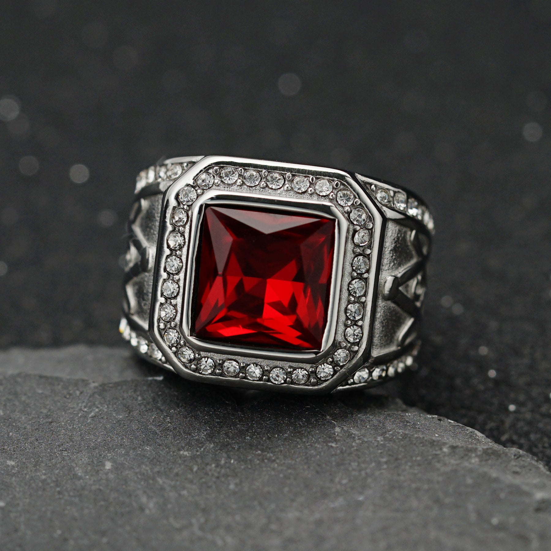 Master Mason Blue Lodge Ring - Silver Stainless Steel With Red Gemstone - Bricks Masons