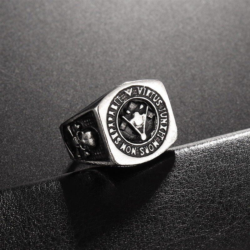 Master Mason Blue Lodge Ring - Silver Square & Compass Skull Virtus Junxit Mors Non Separabit - Bricks Masons