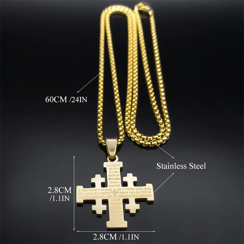 Knights Templar Commandery Necklace - Christian Jerusalem Cross Stainless Steel Bible Verse Lord's Prayer - Bricks Masons