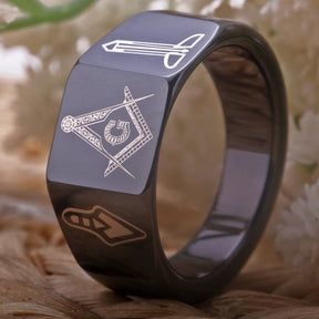 Master Mason Blue Lodge Ring - Black Tungsten Carbide - Bricks Masons