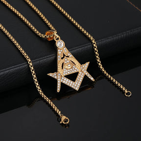 Master Mason Blue Lodge Necklace - Bling Iced Out Gold Color Stainless Steel - Bricks Masons