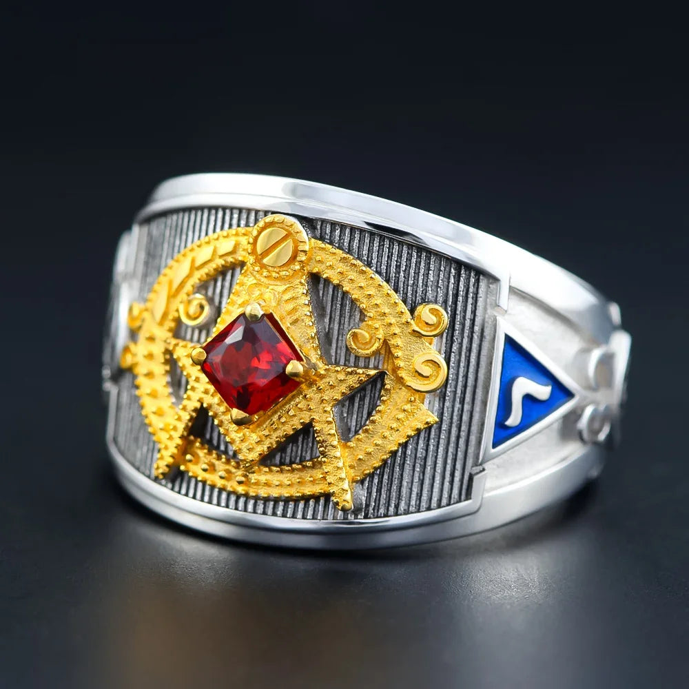 Master Mason Blue Lodge Ring - Sterling Silver Red Rhinestone - Bricks Masons