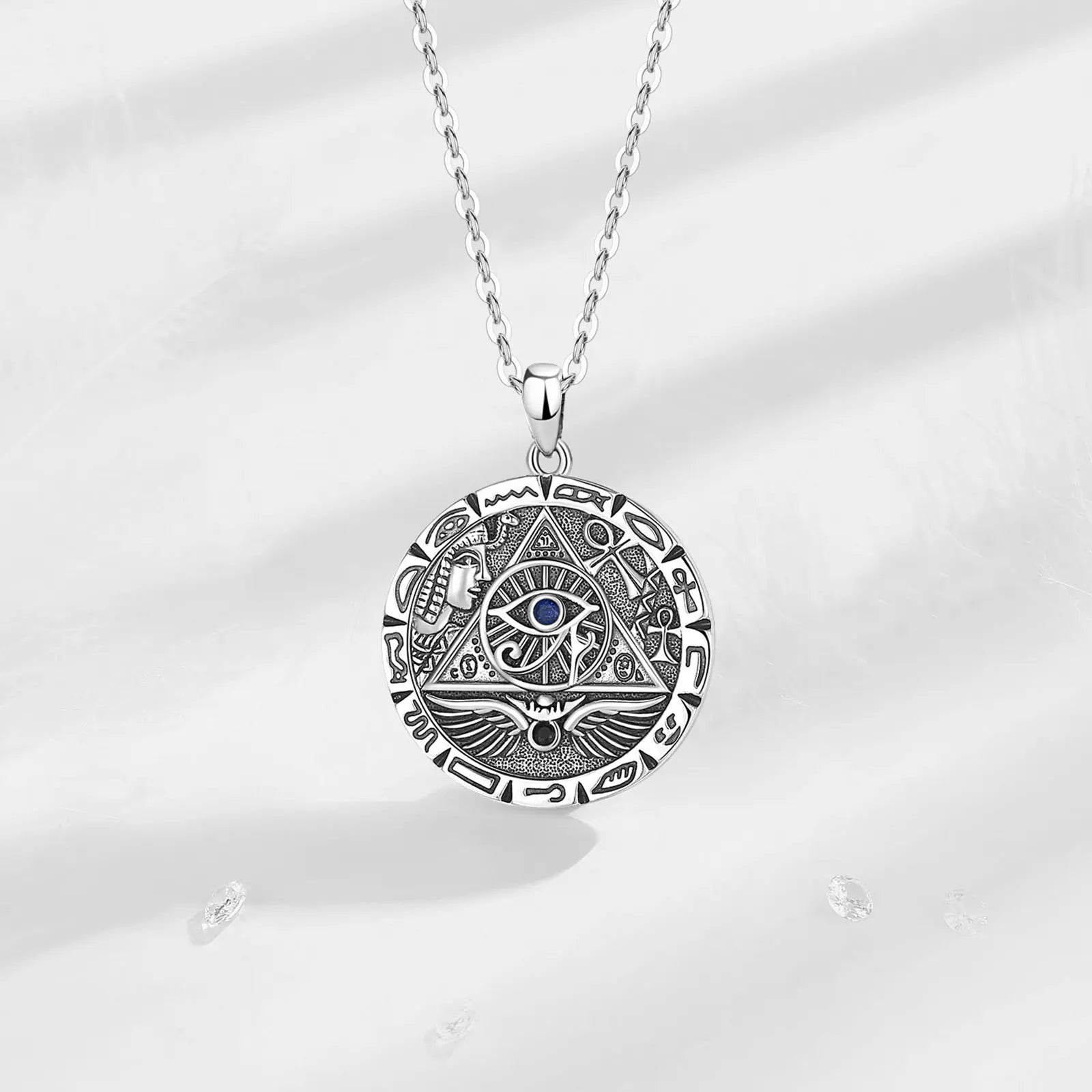 Ancient Egypt Necklace - 925 Sterling Silver Egypt Pyramid & Horus Eye - Bricks Masons