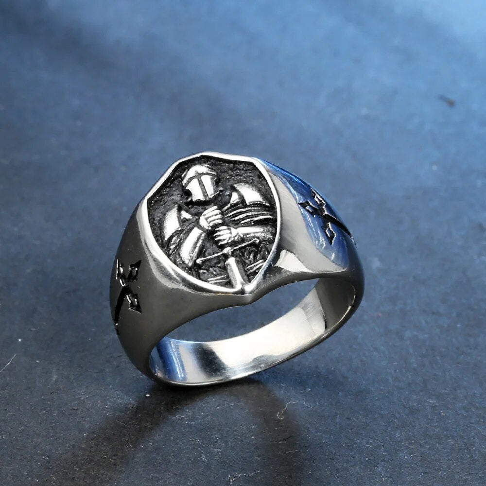 Knights Templar Commandery Ring - Stainless Steel With Armor Shield - Bricks Masons