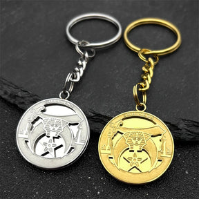 Shriners Keychain - Metal Keyring Stainless Steel Gold Color - Bricks Masons