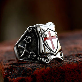 Knights Templar Commandery Ring - Stainless Steel With Red Cross - Bricks Masons