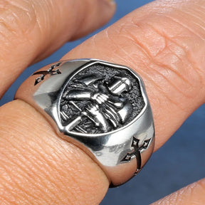 Knights Templar Commandery Ring - Stainless Steel With Armor Shield - Bricks Masons