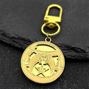 Shriners Keychain - Metal Keyring Stainless Steel Gold Color - Bricks Masons