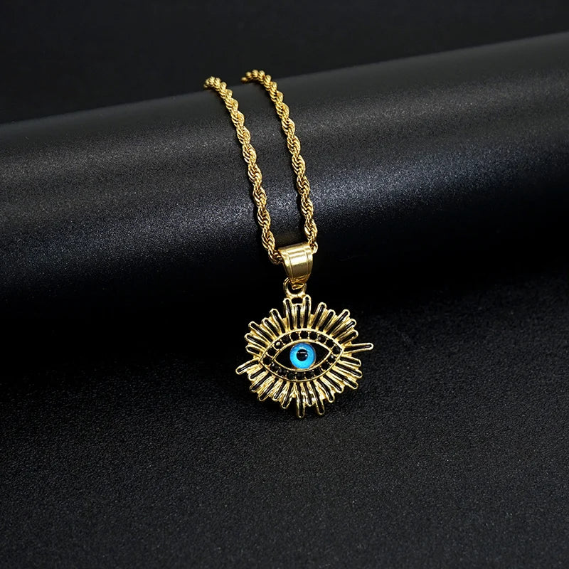 Eye Of Providence Necklace - Plated Stainless Steel With Blue Eye - Bricks Masons