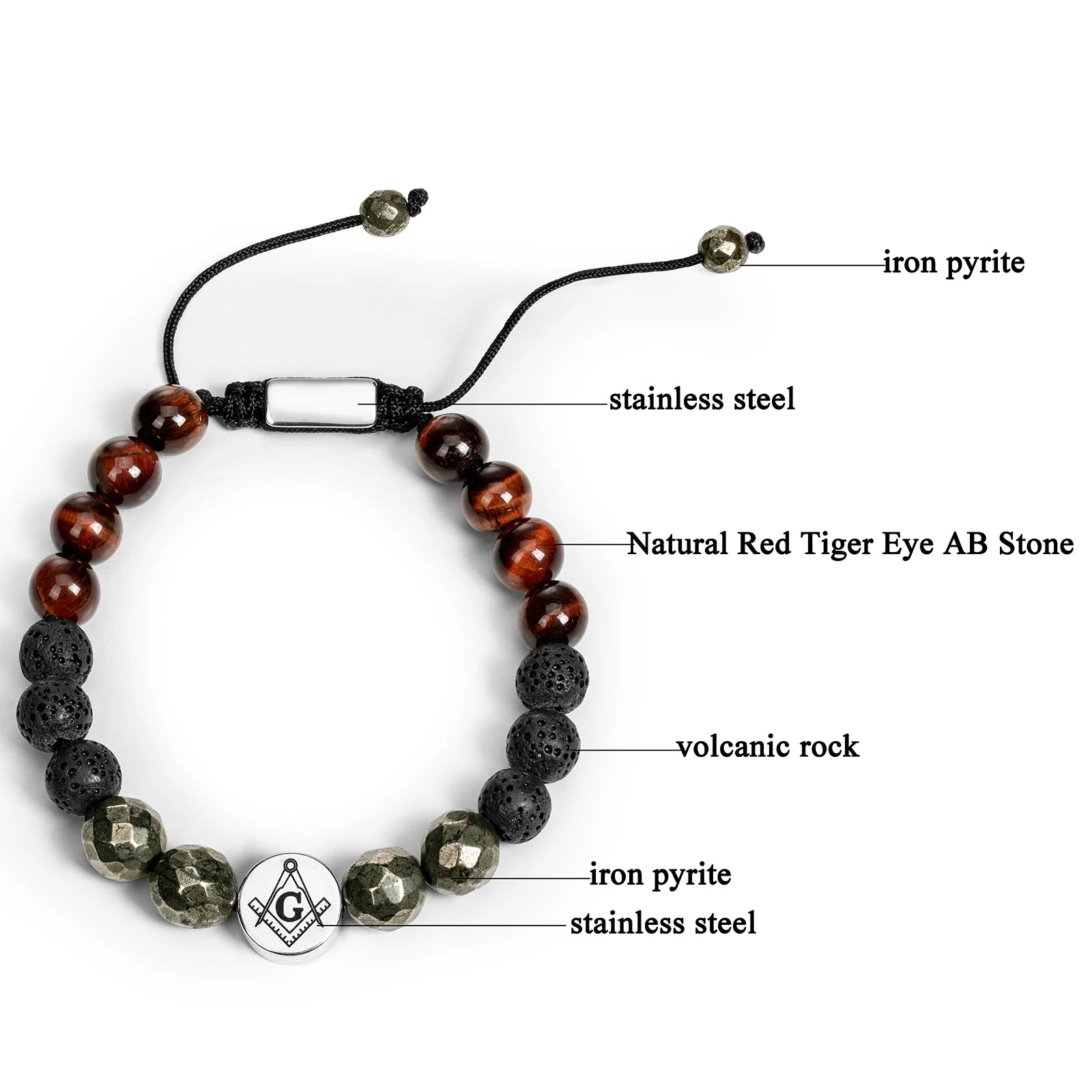 Master Mason Blue Lodge Bracelet - Stainless Steel With Natural Tiger Eye Stones - Bricks Masons