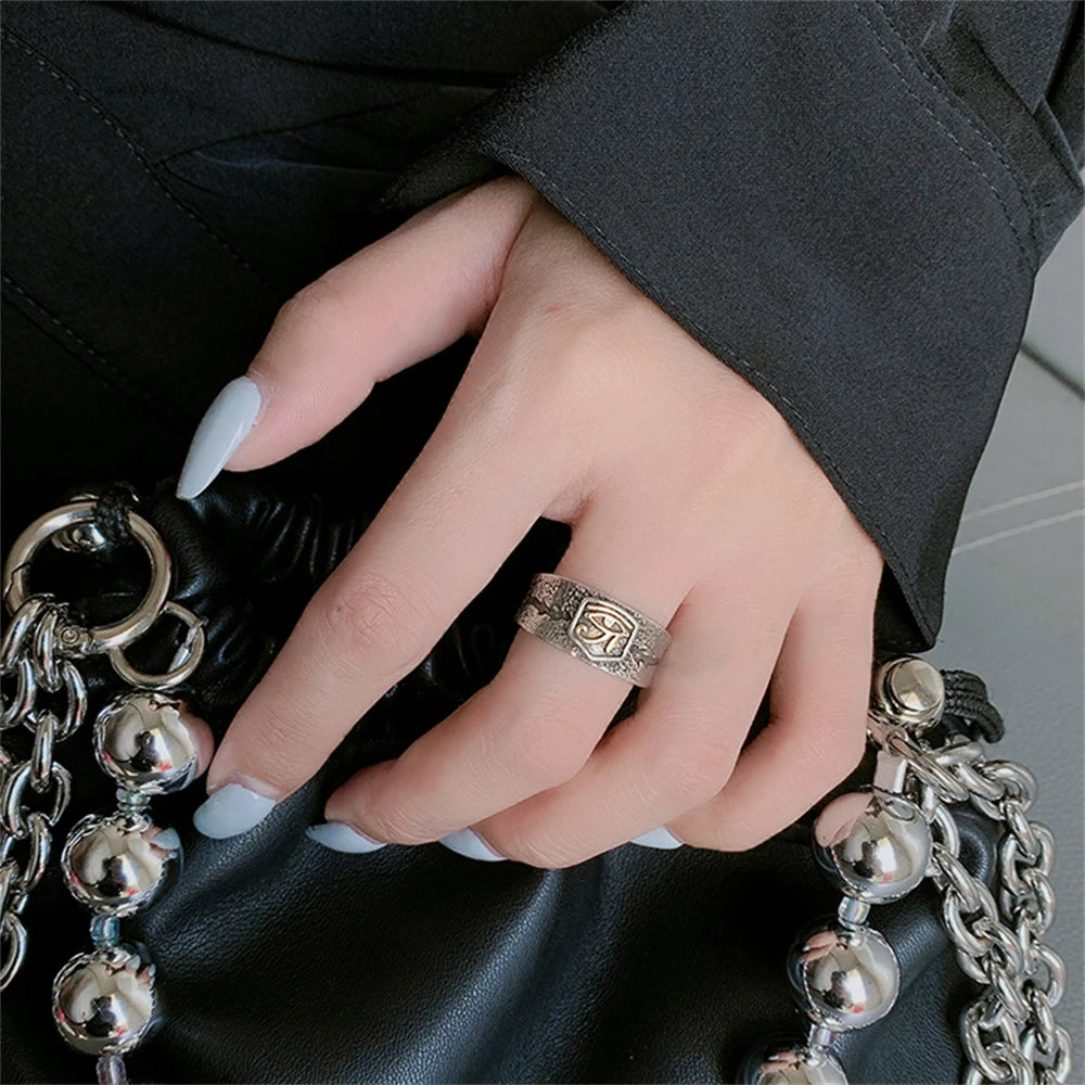 Vintage Ancient Egypt Mythology Eye of Horus Rings Men Thai Silver  Adjustable Opening Finger Ring Punk Personality Jewelry Gift - Bricks Masons