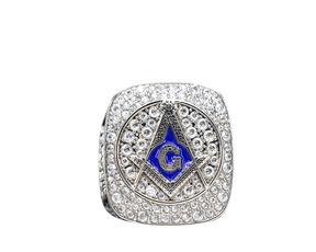Master Mason Blue Lodge Ring - White Gold Plated With Rhinestones - Bricks Masons