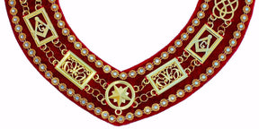 Grand Officers Blue Lodge Chain Collar - Gold Plated with Rhinestones on Red Velvet - Bricks Masons