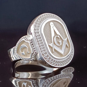Master Mason Blue Lodge Ring - Silver Square & Compass With G Oval Shape - Bricks Masons