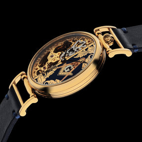 Master Mason Blue Lodge Wristwatch - Gold Skeleton Dial Intricate Detailing