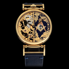 Master Mason Blue Lodge Wristwatch - Gold Skeleton Dial Intricate Detailing