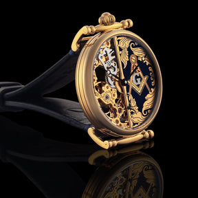 Master Mason Blue Lodge Wristwatch - Gold Skeleton Dial Intricate Detailing