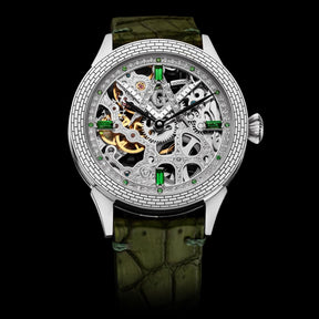 Master Mason Blue Lodge Wristwatch - Silver Skeleton & Green Leather Strap