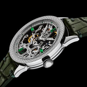 Master Mason Blue Lodge Wristwatch - Silver Skeleton & Green Leather Strap