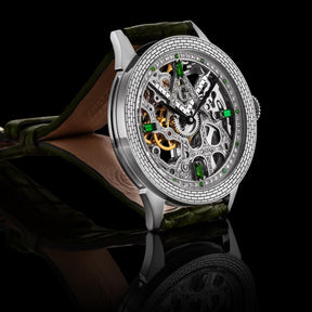Master Mason Blue Lodge Wristwatch - Silver Skeleton & Green Leather Strap