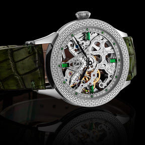 Master Mason Blue Lodge Wristwatch - Silver Skeleton & Green Leather Strap