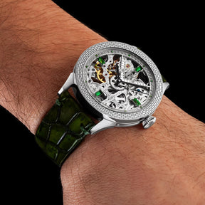 Master Mason Blue Lodge Wristwatch - Silver Skeleton & Green Leather Strap