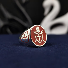 Knights Templar Ring - Personalized Red Enamel Templar Cross & Helmet - Bricks Masons