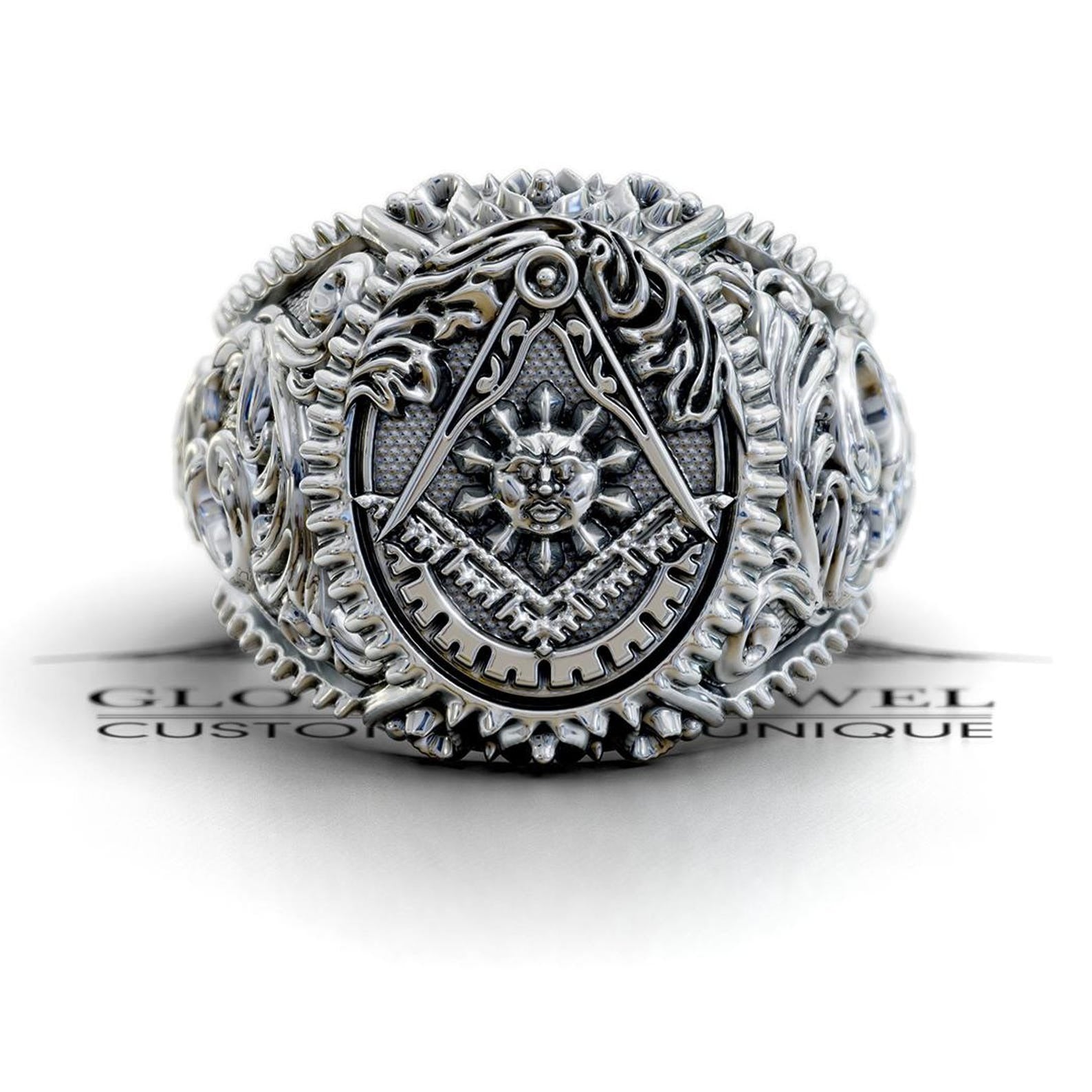 Master Mason Blue Lodge Ring - Square & Compass With Sun Various Materials - Bricks Masons