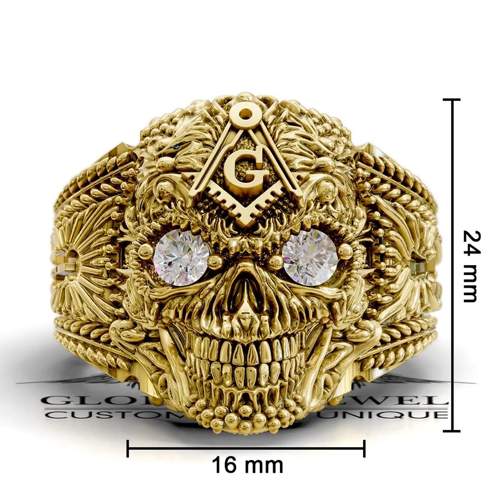Master Mason Blue Lodge Ring - Skull With Stones S & C - Bricks Masons