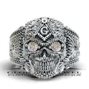 Master Mason Blue Lodge Ring - Skull With Stones S & C - Bricks Masons