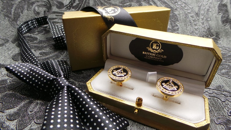 Master Mason Blue Lodge Cufflinks - Gold Crystal Luxury Gift Set - Bricks Masons