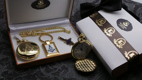 Master Mason Blue Lodge Pocket Watch - With 24k Gold Clad Keyring Tie Clip Gift Set - Bricks Masons