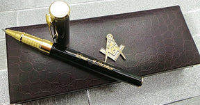 Master Mason Blue Lodge Pen - 24k Gold Clad Engraved Black Ink - Bricks Masons