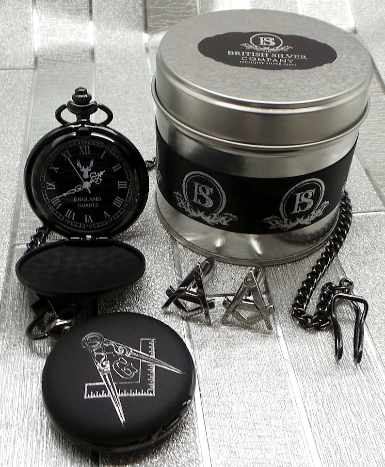 Master Mason Blue Lodge Pocket Watch - Black Luxury Set With Cufflinks Custom Engraving - Bricks Masons