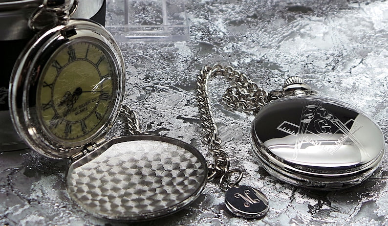 Master Mason Blue Lodge Pocket Watch - Custom Engraving Silver Chain - Bricks Masons