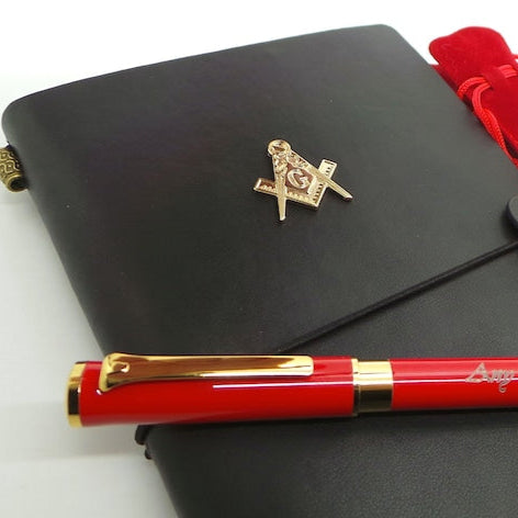 Master Mason Blue Lodge Notebook - Leather Engraved With Rollerball Pen Luxury Gift Set - Bricks Masons