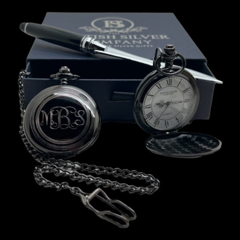 Master Mason Blue Lodge Pocket Watch - Chain in Gloss Black Custom Engraving - Bricks Masons