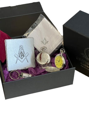 Master Mason Blue Lodge Pocket Watch - Engraved Silver & Handkerchief Gift Set - Bricks Masons