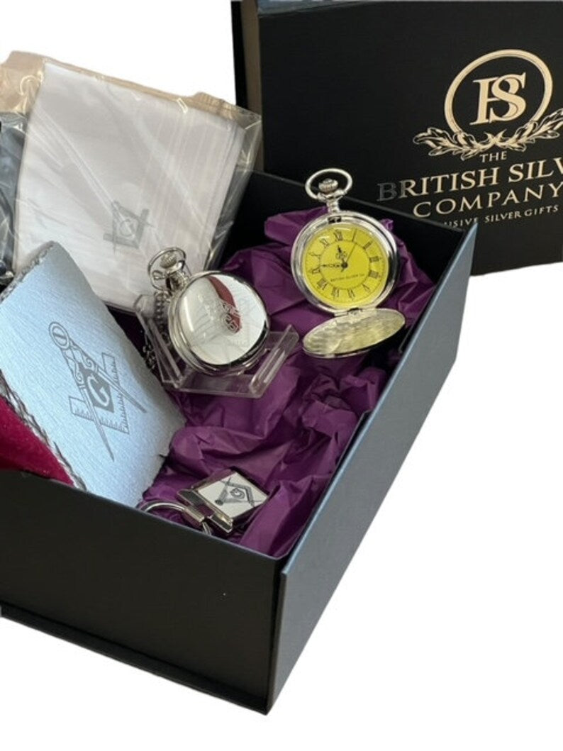 Master Mason Blue Lodge Pocket Watch - Engraved Silver & Handkerchief Gift Set - Bricks Masons