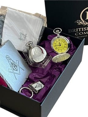 Master Mason Blue Lodge Pocket Watch - Engraved Silver & Handkerchief Gift Set - Bricks Masons