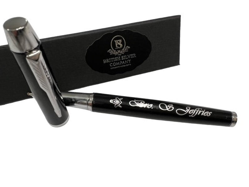 Master Mason Blue Lodge Pen - Silver Engraved Black Ink Rollerball Gift Set - Bricks Masons