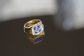 Master Mason Blue Lodge Ring - Solid Gold & Blue Enamel Swivel - Bricks Masons